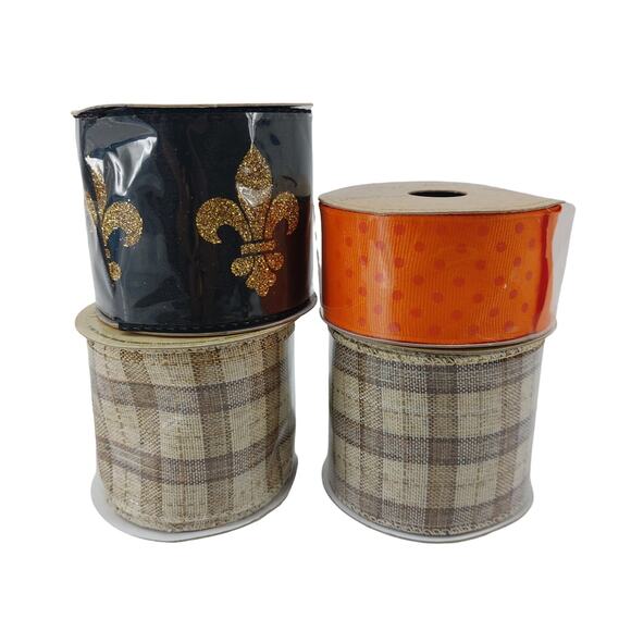 Set of 4 Ribbon Harvest Plaid Beige Orange Polka dot Fleur-de-lis Black - Picture 1 of 8